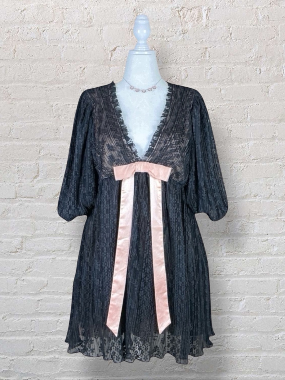 UO Kimchi Blue Margaret Babydoll Dress Black Pink Lace Bow Grunge Coquette XL